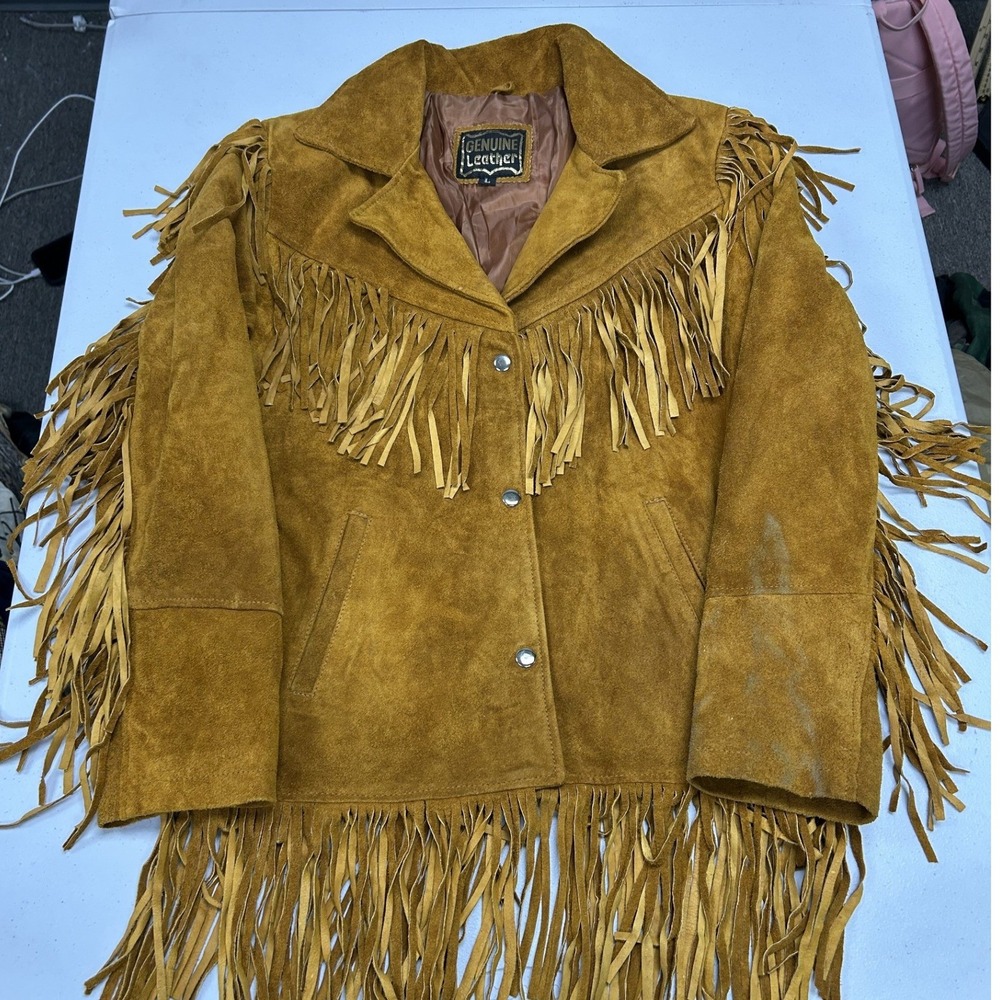 Genuine Leather Fringe Suede Jacket Womens Large Tan Western Boho Tassel F2